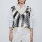 women 2020 fashion oversized knitted vest sweater V neck sleeveless houndstooth loose female waistcoat chic tops