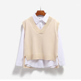 Vest Women Knitted V-neck Solid Loose Stylish Casual Korean Style Simple Side-slit Asymmetrical Womens Waistcoats All-match Chic