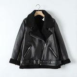 Fur Long Sleeved Loose Belt Warm Women's Jacket Lamb Wool Winter Thickened Locomotive Lapel Female Coat Beige Black Chic PU Tops