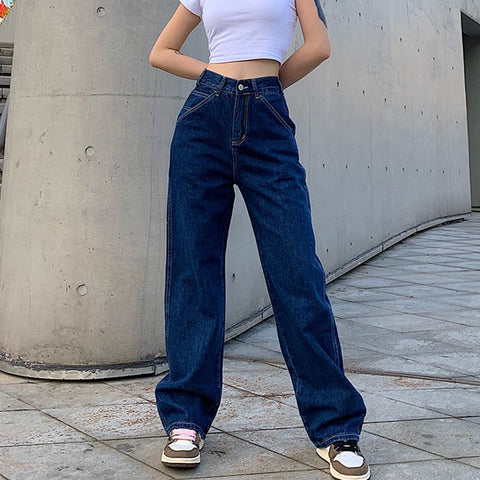 Retro Blue Woman Jeans Causal Loose Baggy High Waist Skinny Pockets Cargo Pants Zipper Button Wide Leg Jeans Mujer Pantalones