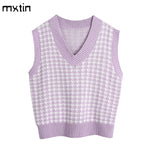women 2020 fashion oversized knitted vest sweater V neck sleeveless houndstooth loose female waistcoat chic tops
