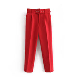 Tangada black suit pants woman high waist pants sashes pockets office ladies pants fashion middle aged pink yellow pants 6A22