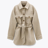 XNWMNZ Za Women 2020 Fashion With Belt Loose Woolen Jacket Coat Vintage Long Sleeve Side Pockets Female Outerwear Chic Overcoat