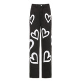 Vintage Heart Printed Y2K Baggy Jeans Women High Waist Harajuku Aesthetic Mom Jeans Denim Streetwear 90s Trousers Cuteandpsycho