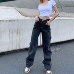 2021 New Smoke Grey  Bf Retro Casual High Waist Wide Legs Ins Straight Barrel Baggy Jeans Woman