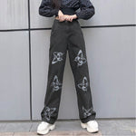 Women High Waist Jeans Baggy Pants Casual Butterfly Printed Wide Leg Trousers Denim Streetwear Ladies E-girl Pantalones Mujer